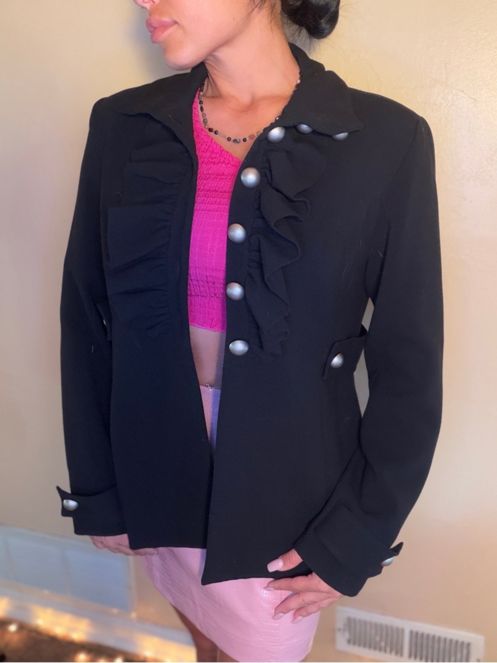 Black Ruffle Button Jacket High Fashion